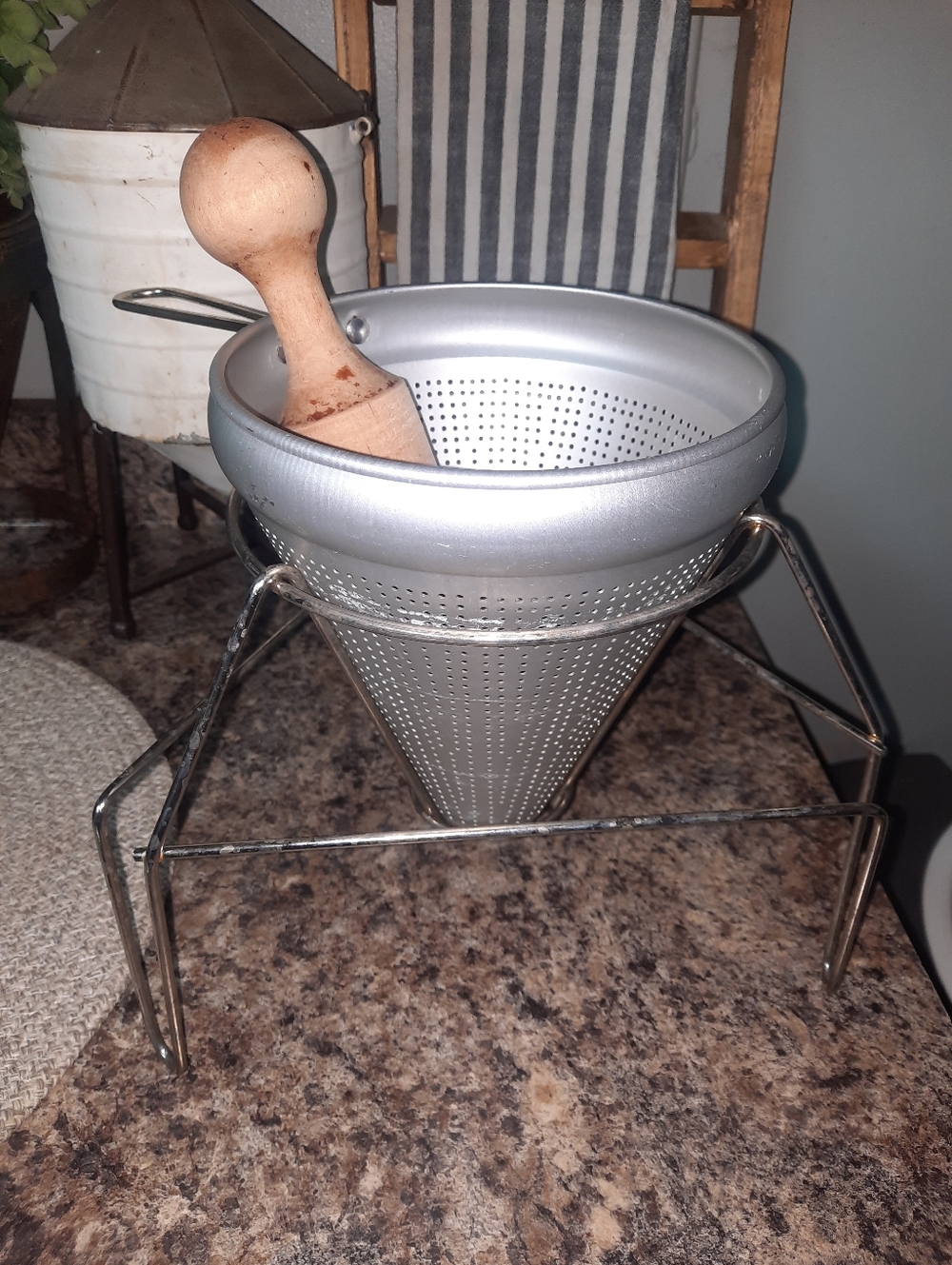 Vintage Silver Cone Sieve Strainer with Stand and Wooden Pestle